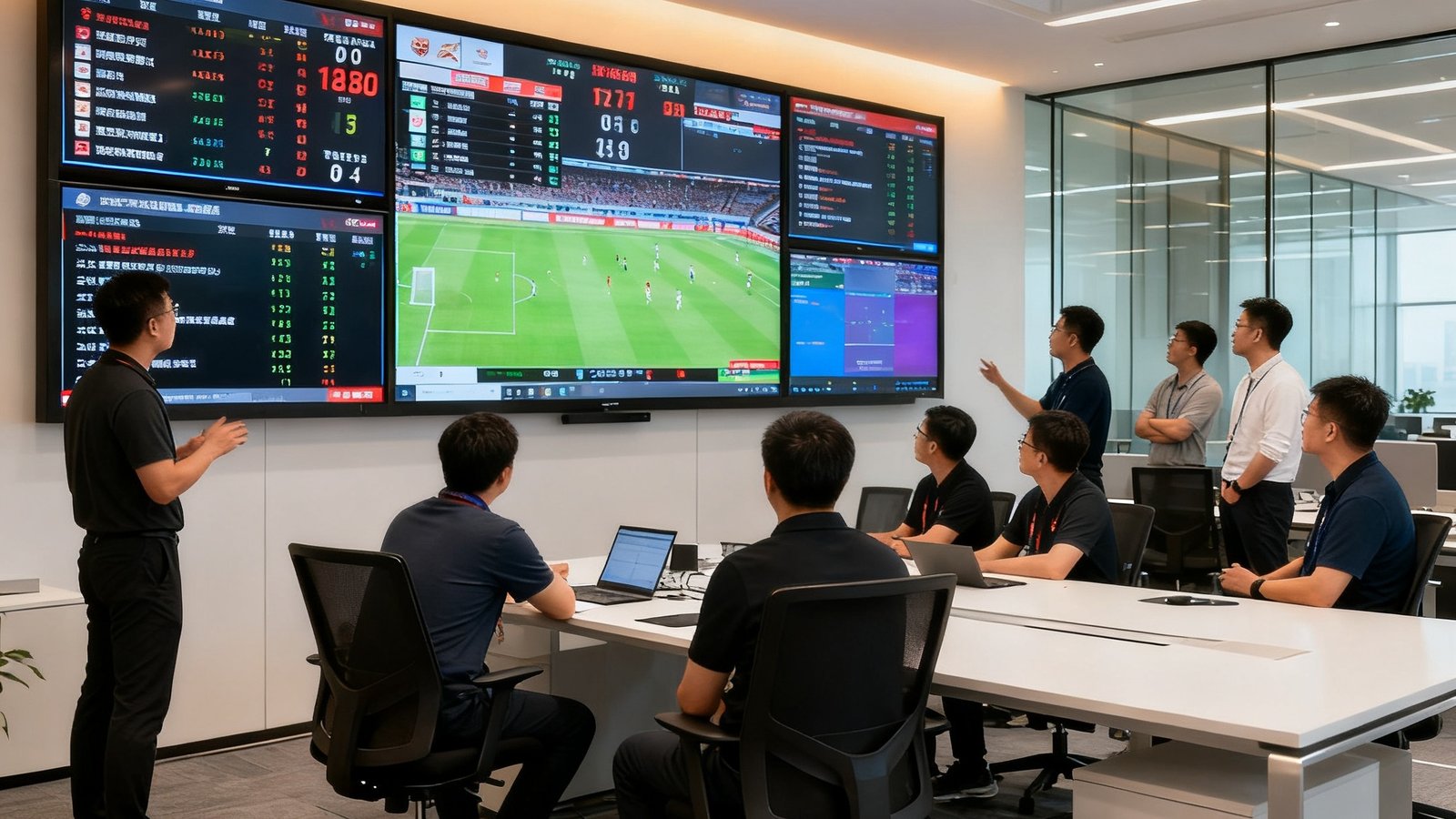 说球帝北京办公室内景，十几名员工围绕大型显示屏讨论赛事数据，墙上挂着多块屏幕实时显示比分和情报流，办公环境现代而充满体育元素